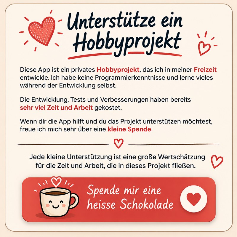Unterstütze das Hobbyprojekt — kleine Spende über Ko-fi willkommen