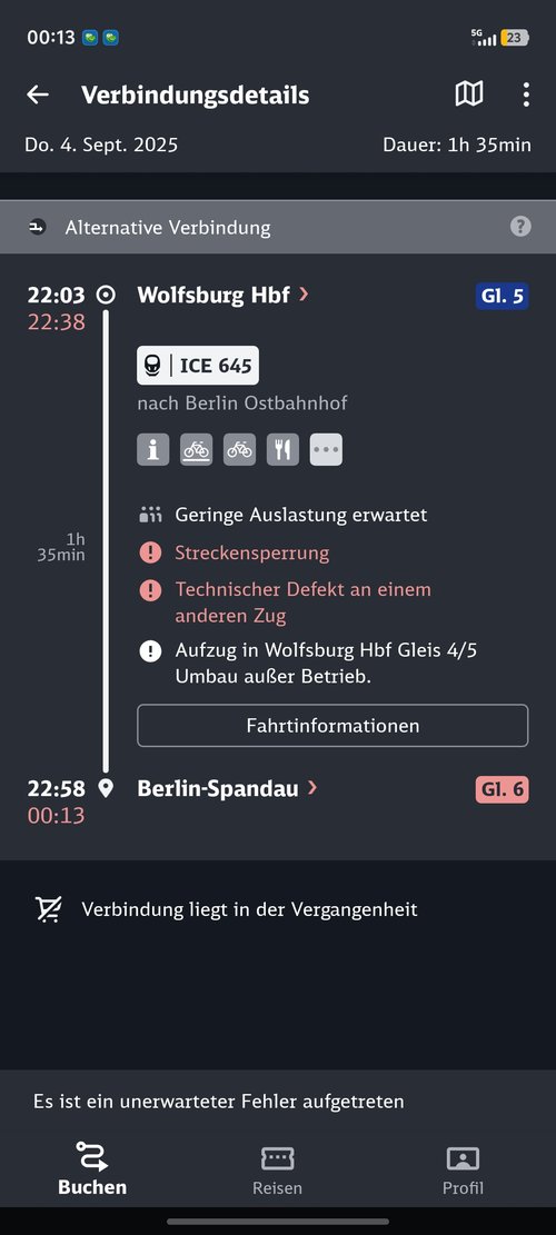 Beispiel-Screenshot aus der DB-App: Verbindungsdetails mit Verspätung